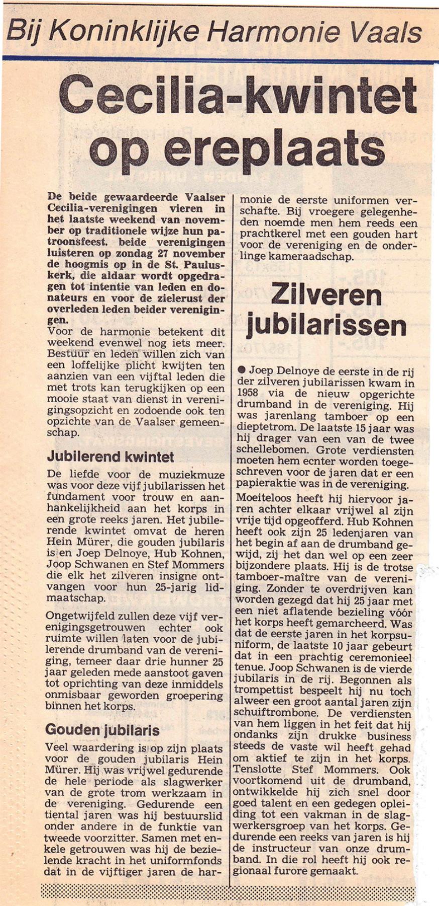 Ceciliafeest 1983 – vijf jubilarissen op de ereplaats