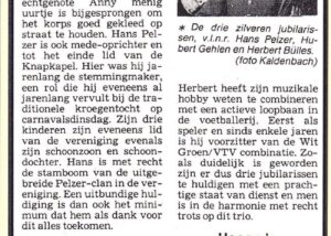 Origineel krantenknipsel: Ceciliafeest 1986 – drie jubilarissen sluiten het jubileumjaar af