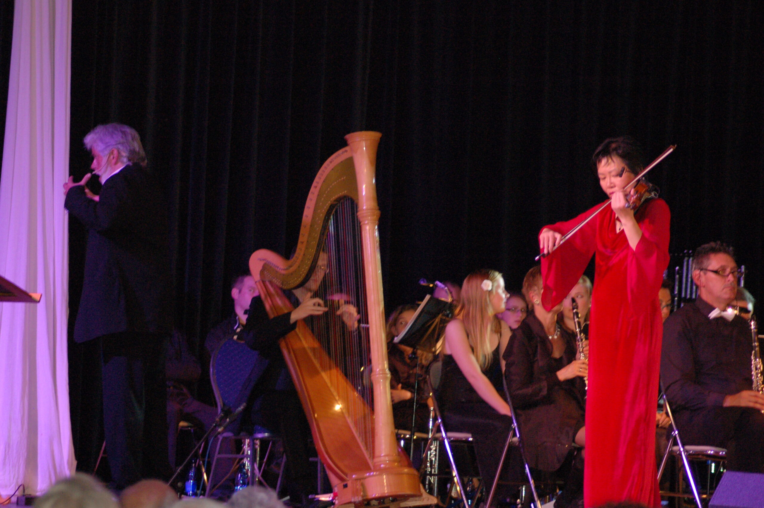Viool, harp en harmonieklank in één muzikaal tafereel.