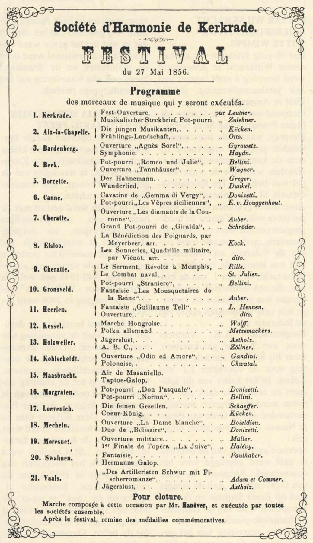 Affiche van het festival in Kerkrade, 27 mei 1856, met Vaals als deelnemer. Verenigingsarchief.