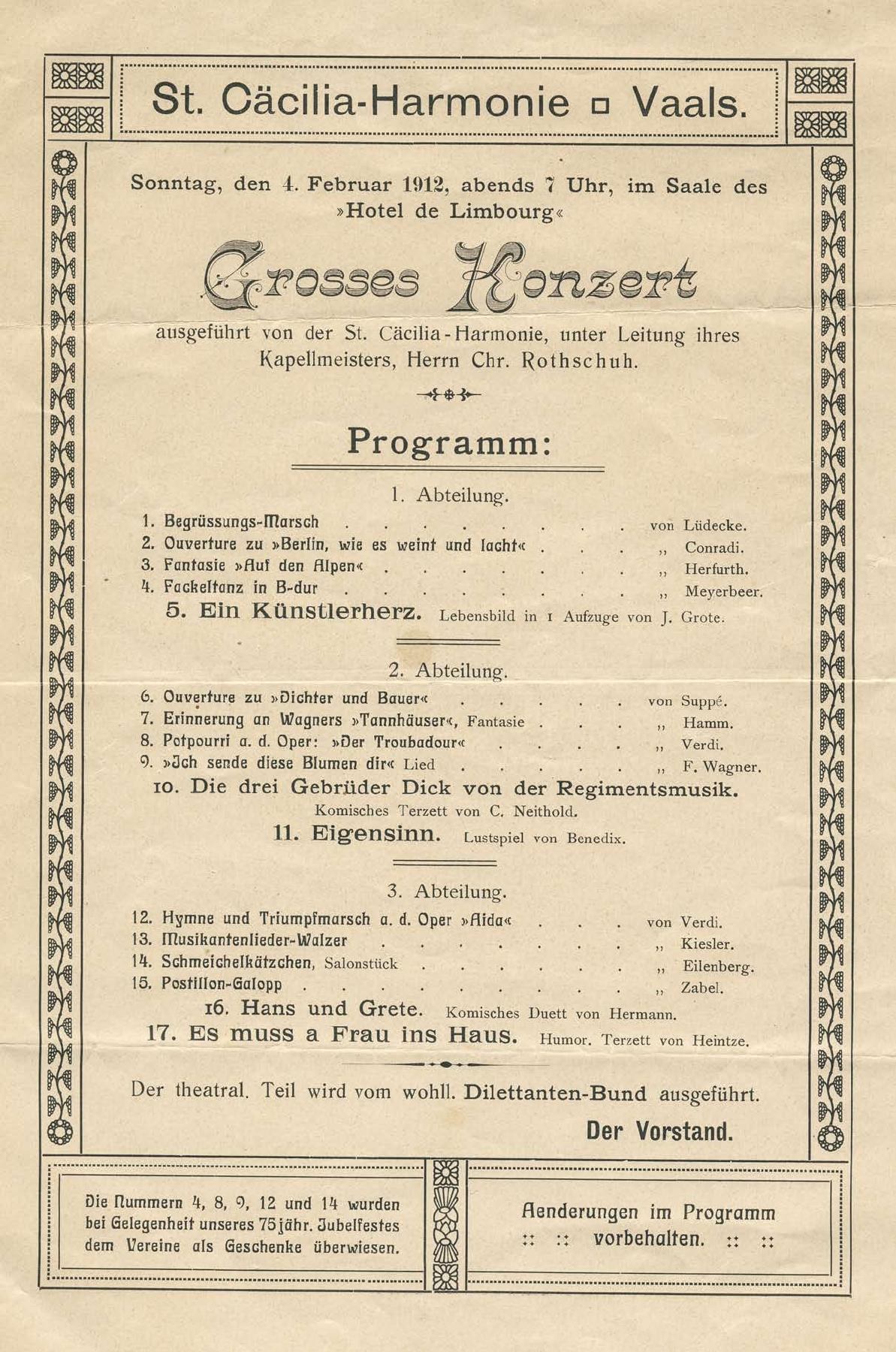 Programma van het winterconcert in Hotel du Limbourg, 4 februari 1912. Verenigingsarchief.
