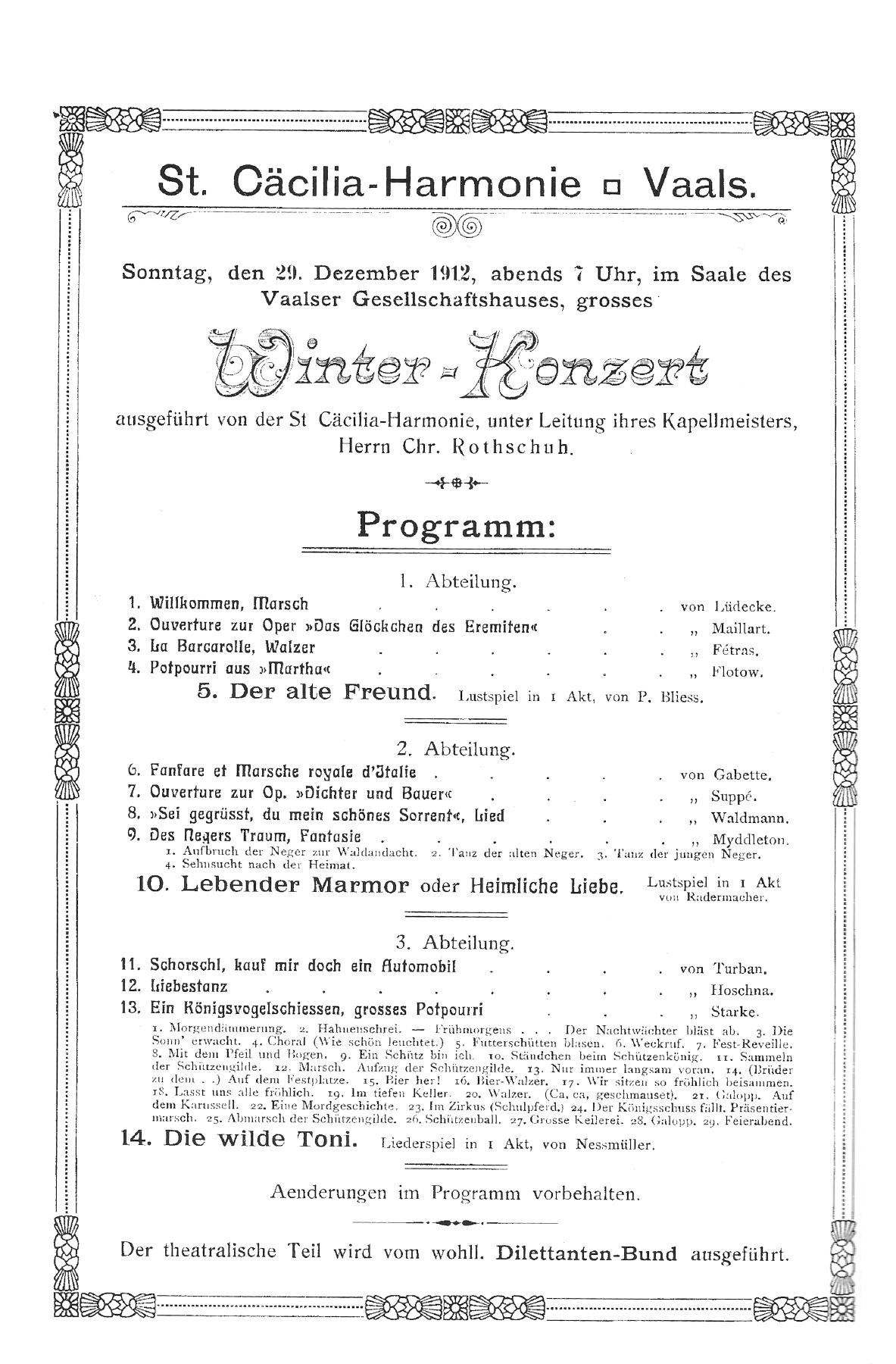 Programma van het winterconcert, 29 december 1912. Verenigingsarchief.