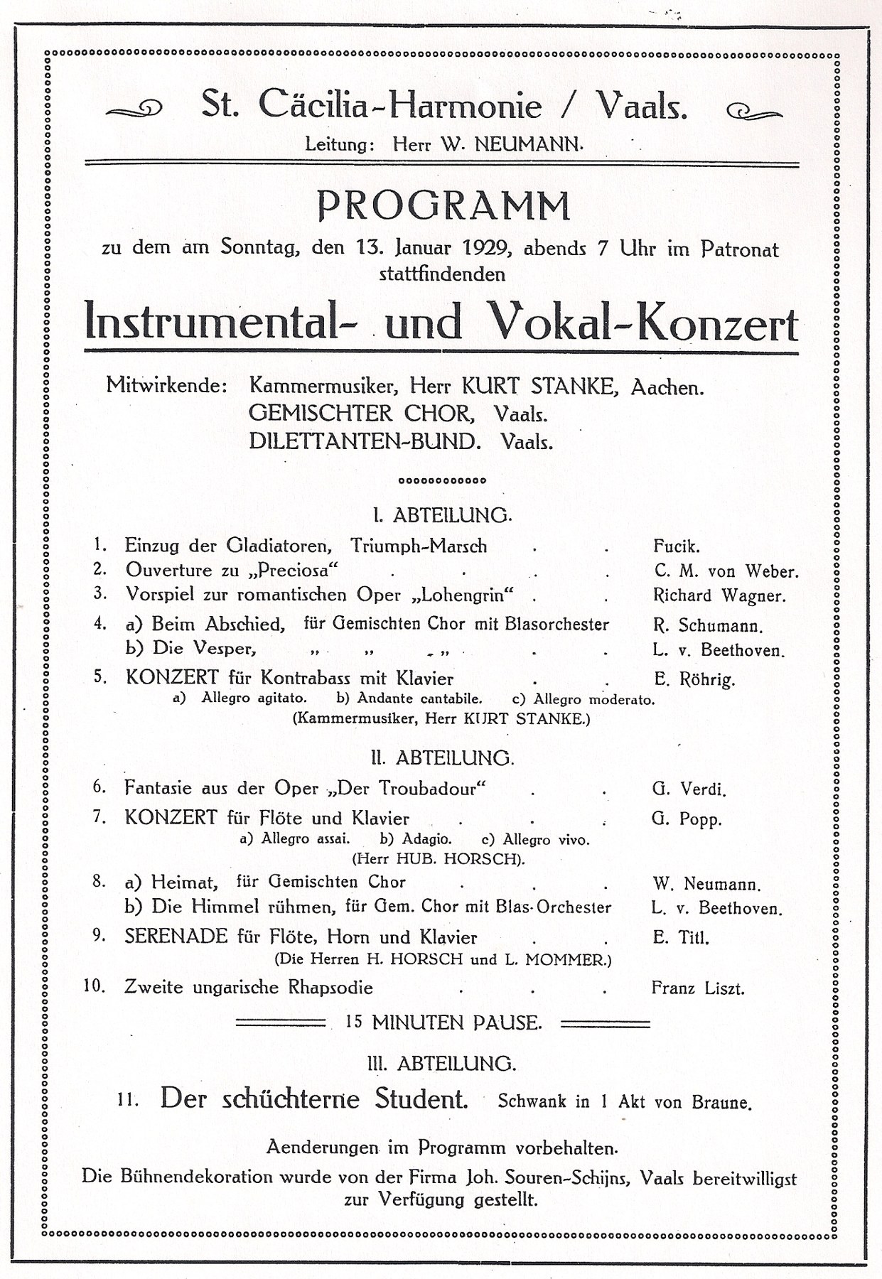Programma van het instrumentale en vocale concert, 13 januari 1929. Verenigingsarchief.
