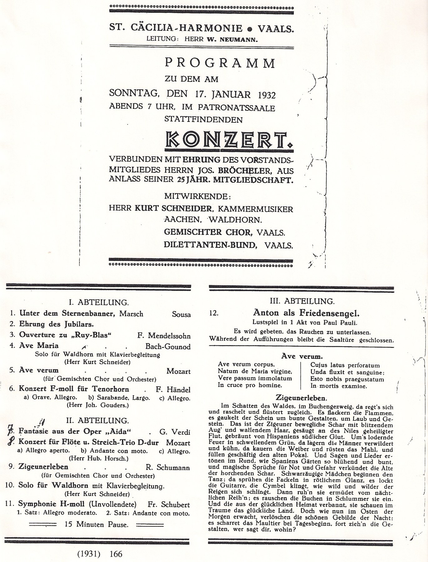 Concertprogramma met huldiging van Jos. Bröcheler, 17 januari 1932. Verenigingsarchief.