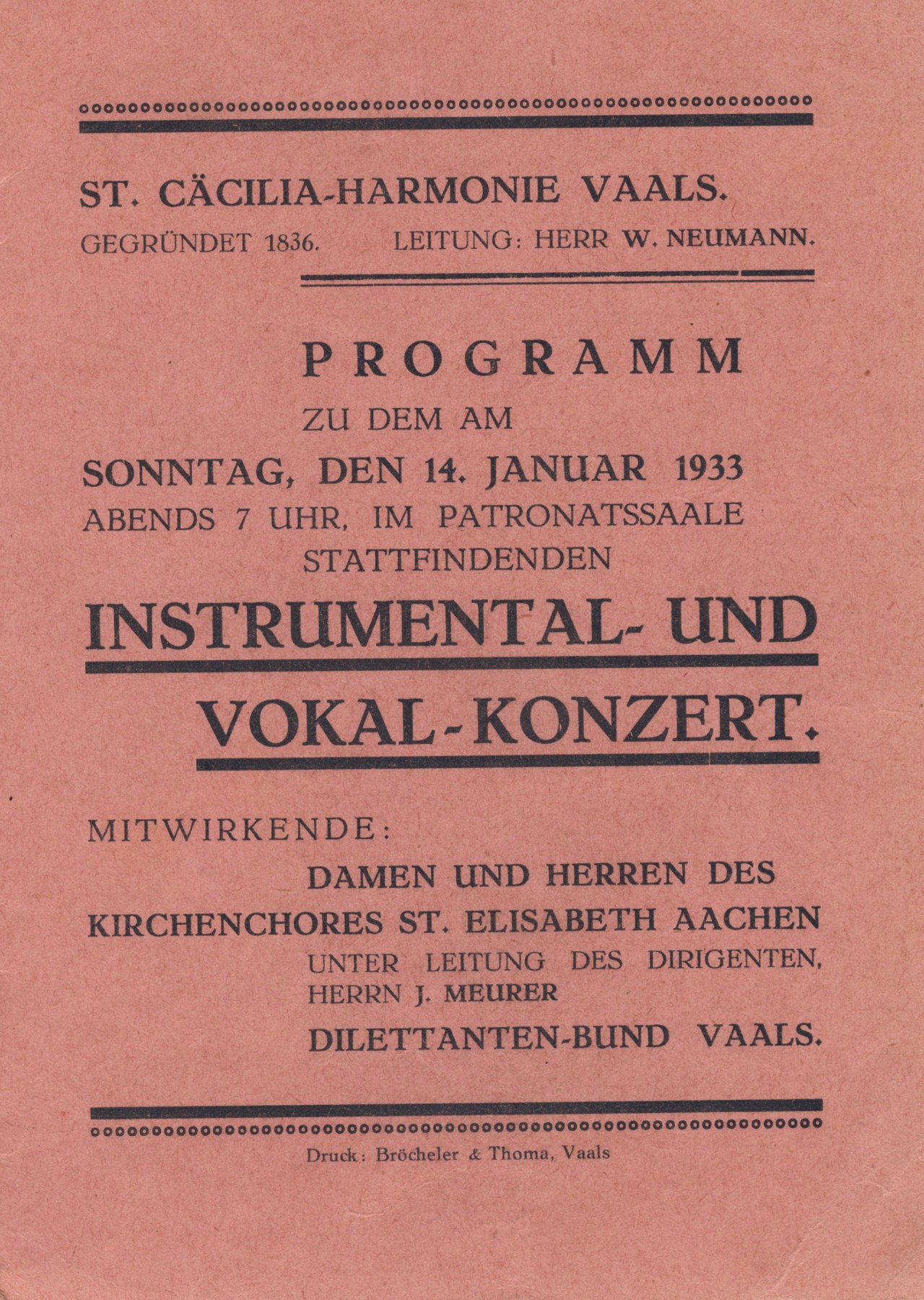 Omslag van het programma voor het winterconcert, 15 januari 1933. Verenigingsarchief.