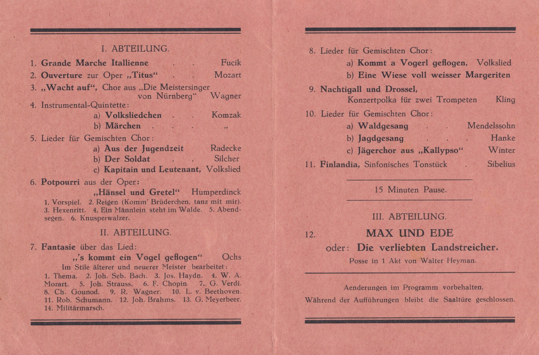 Binnenzijde van het programma voor het winterconcert, 15 januari 1933. Verenigingsarchief.