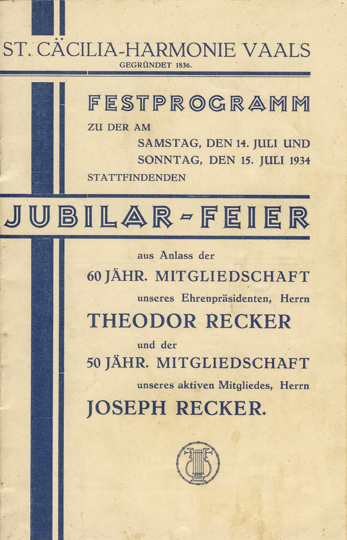 Feestprogramma voor Theodor en Joseph Recker, 14 en 15 juli 1934. Verenigingsarchief.